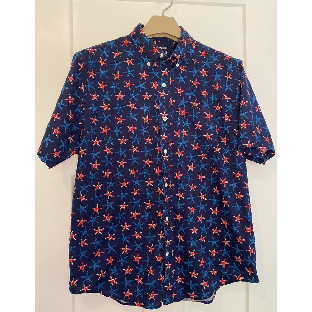 Lands End Button Down Shirt Mens L 16-16 1/2 Red White Blue Starfish shortslve